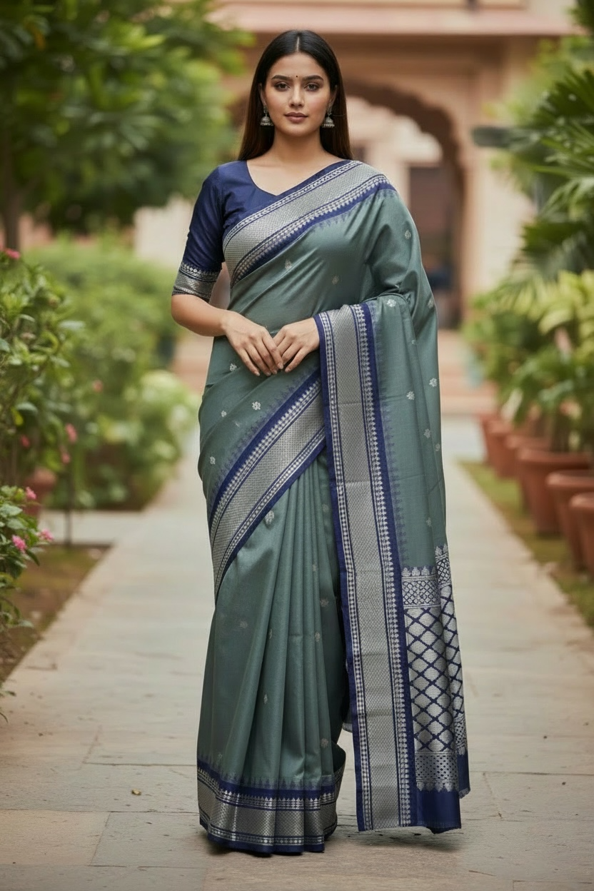 Gray color Handloom Gadwal Pattu Saree | Ready-to-Wear Blouse Included