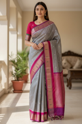 Festive Gray & Pink Gadwal Pattu Saree with Paithani Border | Ready-to-Wear Blouse Included"
