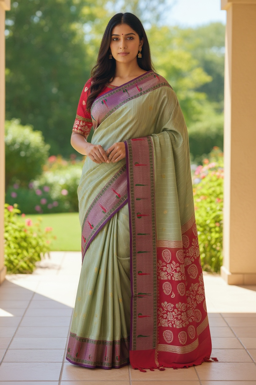 Festive Green & Pink Gadwal Pattu Saree with Paithani Border | Ready-to-Wear Blouse Included
