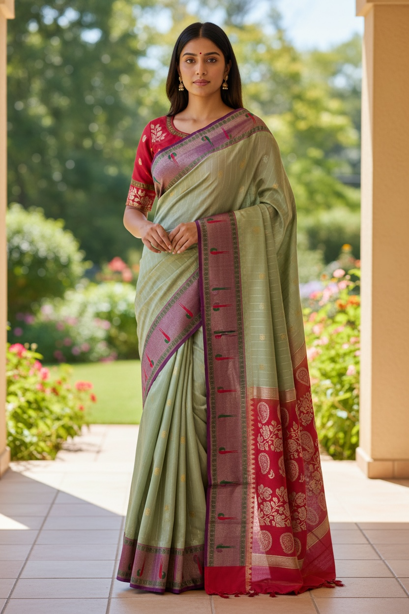 Festive Green & Pink Gadwal Pattu Saree with Paithani Border | Ready-to-Wear Blouse Included