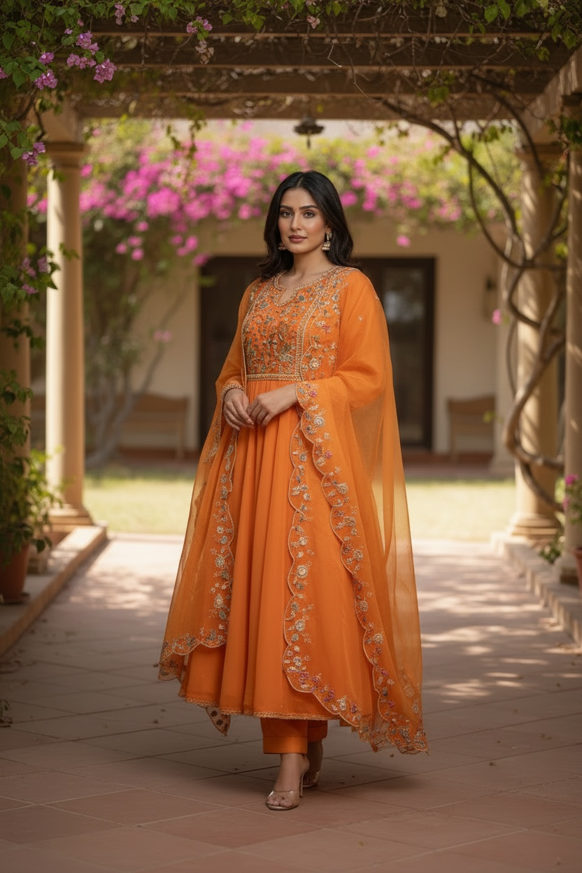 Sunset Orange Mul Chanderi Silk Floral Dress | Hand-Crafted & All Sizes