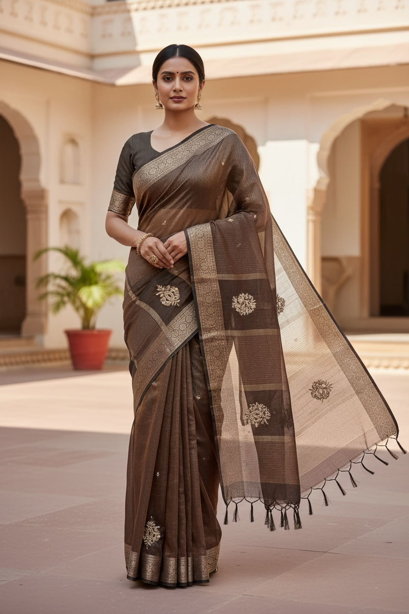 Chocolate Brown Kolkata Designer Kota Party Wear Saree with Maggam Work