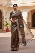 Chocolate Brown Kolkata Designer Kota Party Wear Saree with Maggam Work
