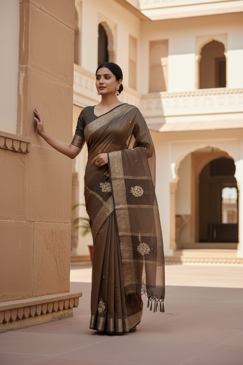 Chocolate Brown Kolkata Designer Kota Party Wear Saree with Maggam Work
