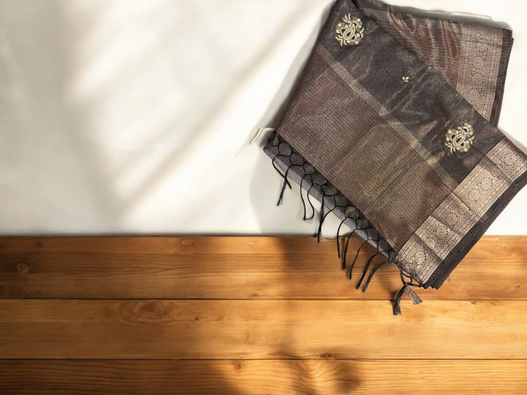 Chocolate Brown Kolkata Designer Kota Party Wear Saree with Maggam Work