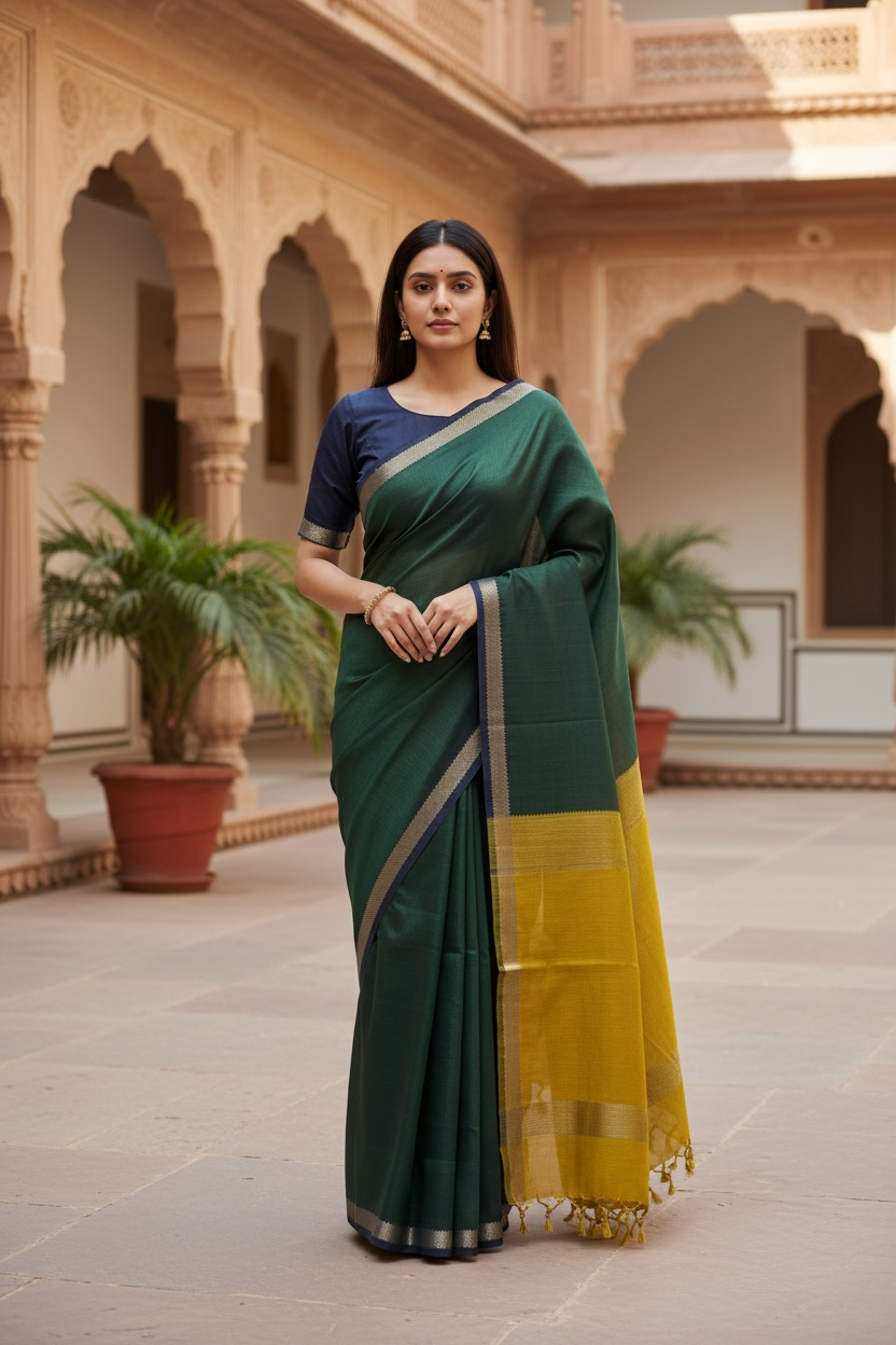 Dark Green and Mehandi Green Handloom Mangalagiri Saree - Dual Tone Cotton Silk