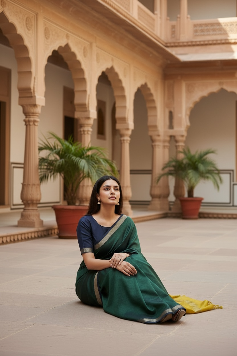 Dark Green and Mehandi Green Handloom Mangalagiri Saree - Dual Tone Cotton Silk