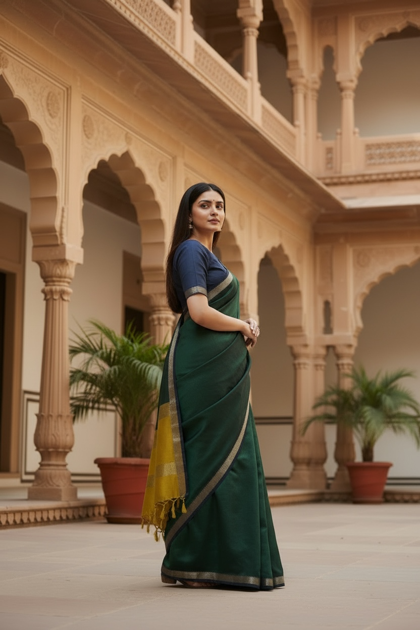 Dark Green and Mehandi Green Handloom Mangalagiri Saree - Dual Tone Cotton Silk