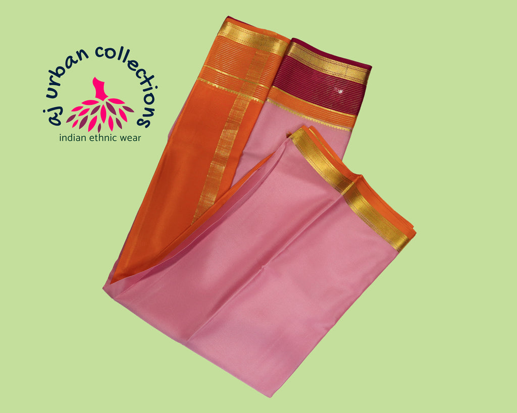 Pink and vintage border Mysore Silk saree with Silk Mark Certified