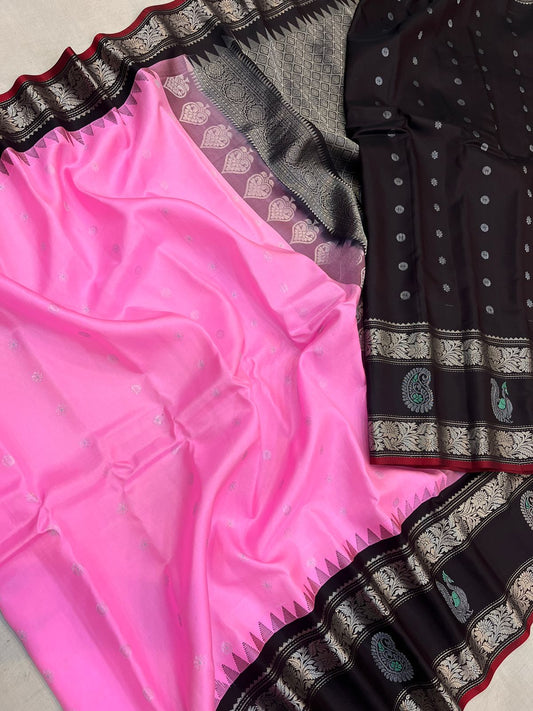 (Custom orders)Beautiful pink and black combination of pure Venkatagiri handloom Pattu saree with a 12-inch border.