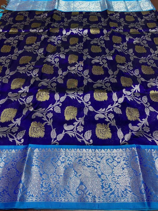 (Custom orders)Beautiful purple and blue combination of pure Venkatagiri handloom Pattu saree with a 12-inch border.