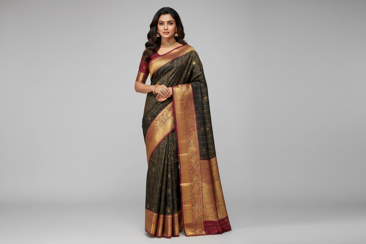 Black Kanjivaram Silk Saree with Gold & Maroon Border