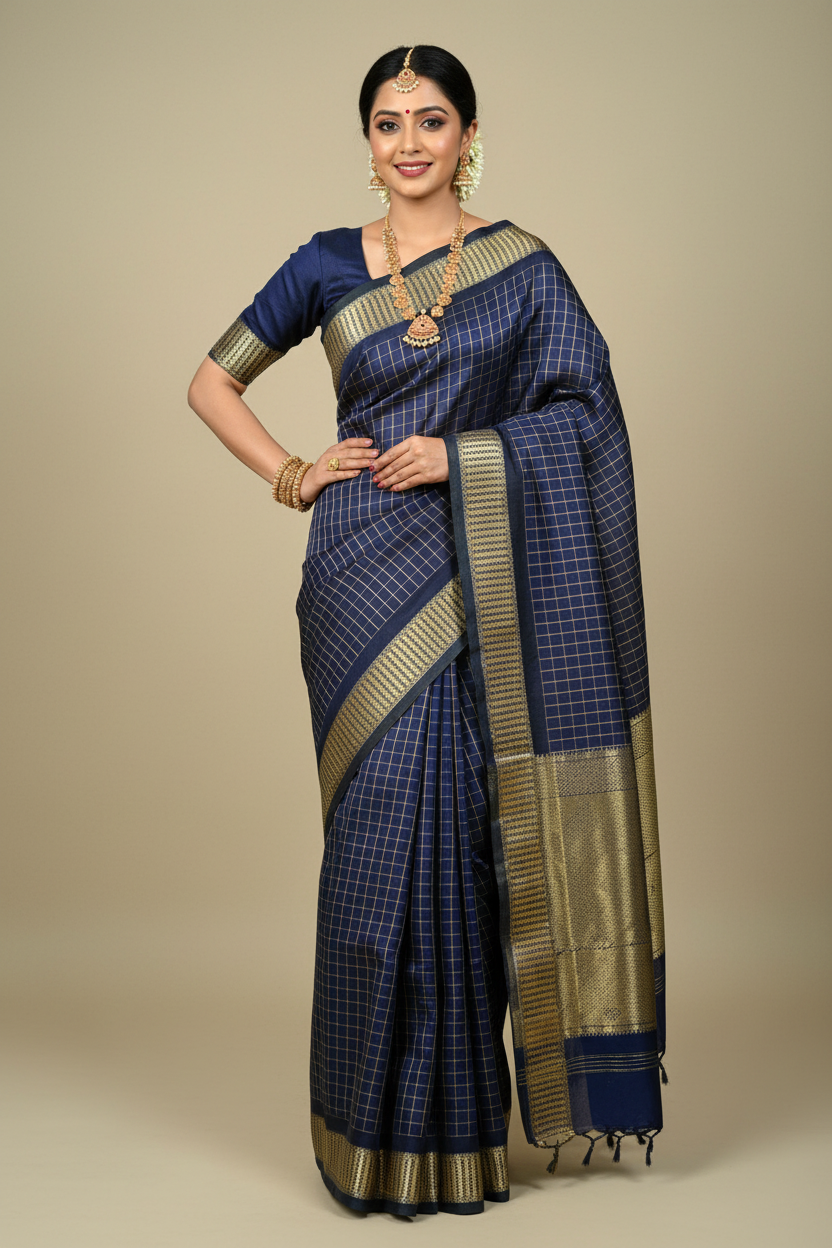 Kanchi Cotton Saree - Navy Blue with Gold Checks